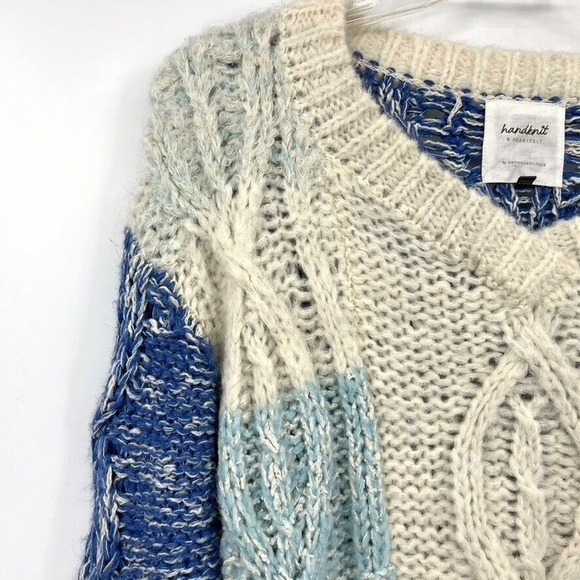 Anthropologie Handknit & Heartfelt Patchwork Cable Knit Sweater Small Alpaca - Picture 4 of 10